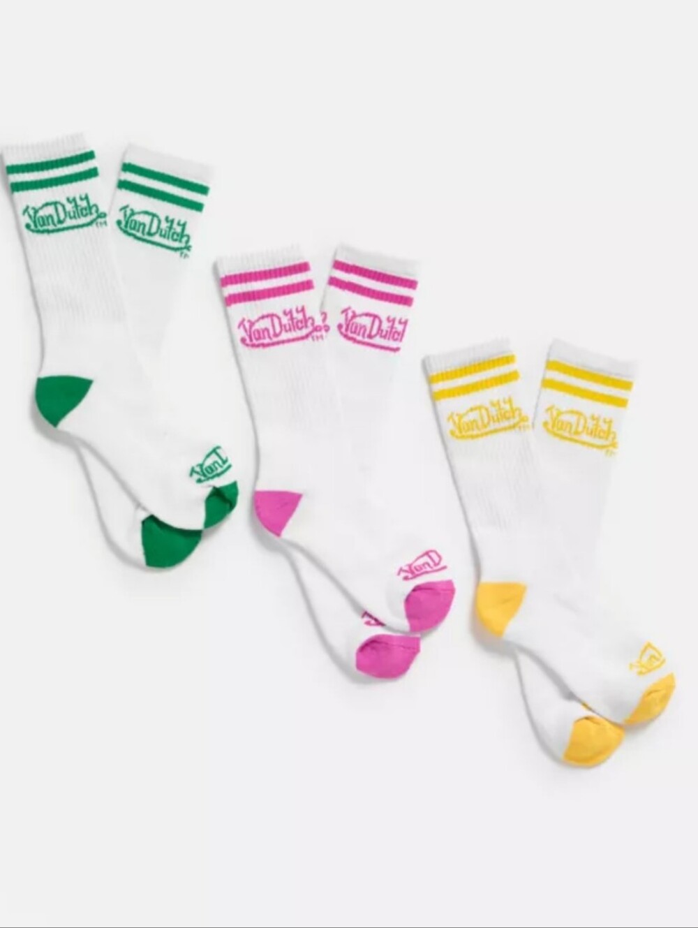 Von Dutch White Crew Socks Green, Pink and Yellow 3 pack set